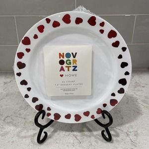 Set 24 Valentines HEARTS Red Metallic Disposable Plastic 7.5 Dessert Plates NEW